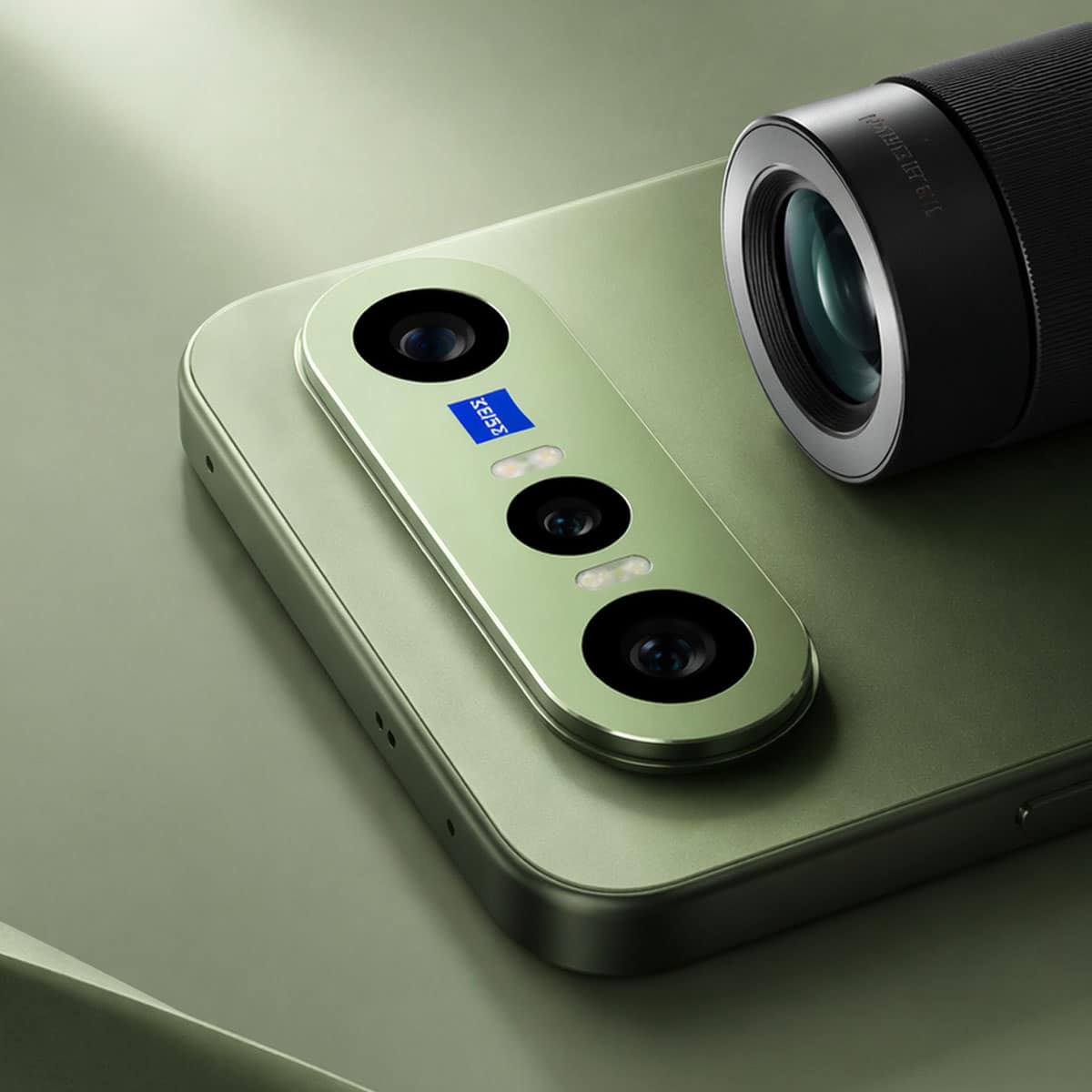 Vivo X300 FE showcasing ZEISS camera system in soft green finish