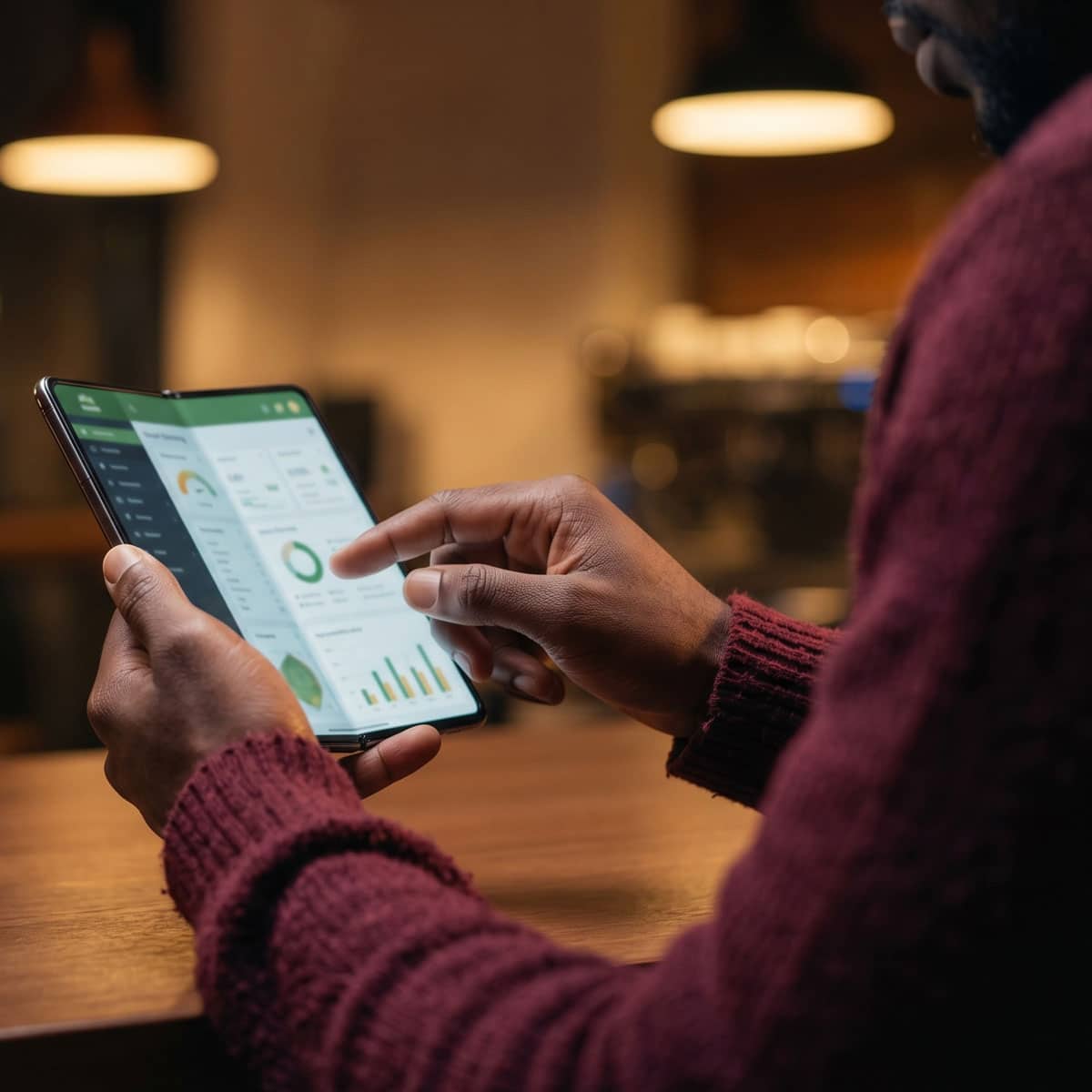 Person using a foldable smartphone with a multitasking display in a modern café setting