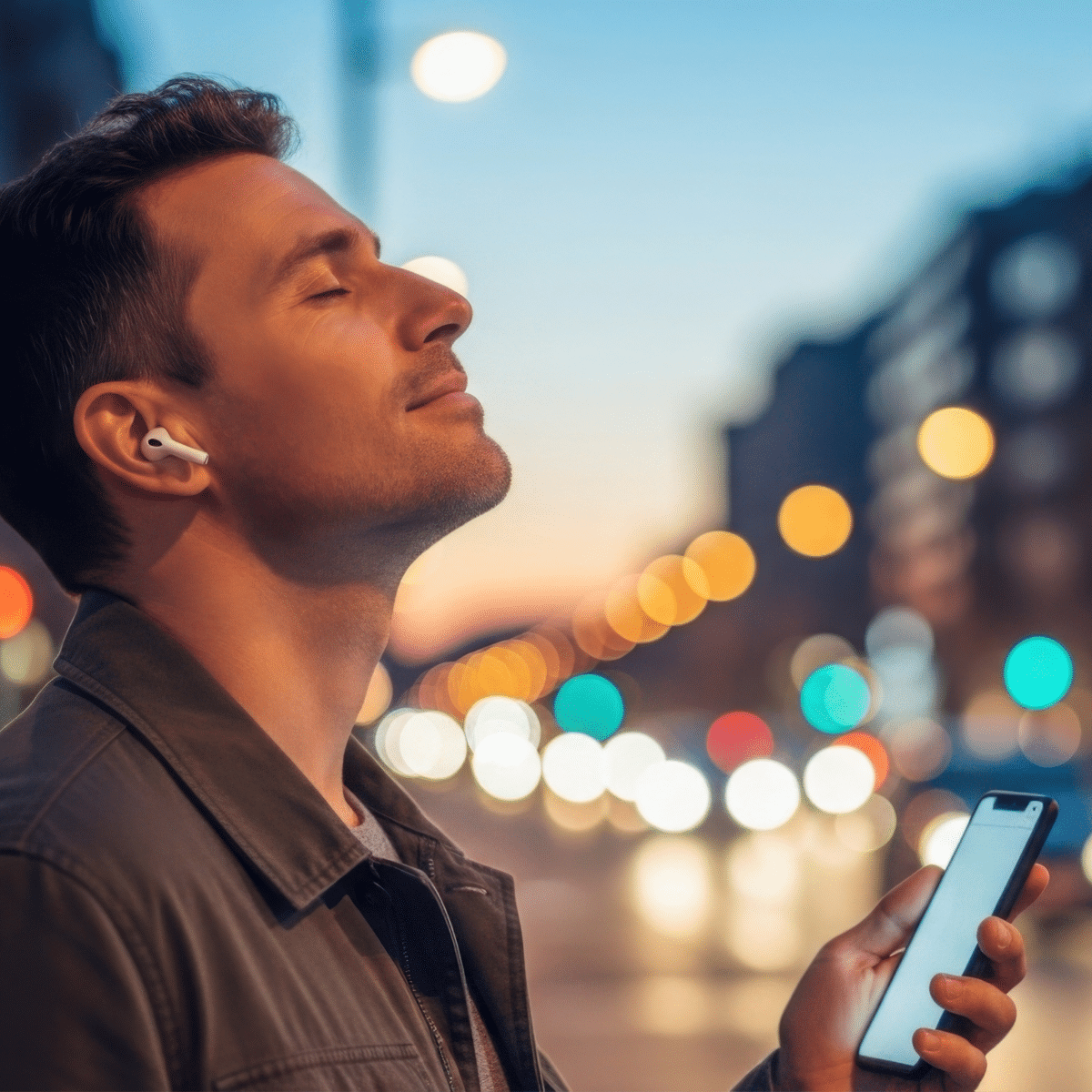 AI audio technology powering wireless earbuds during immersive city listening experience