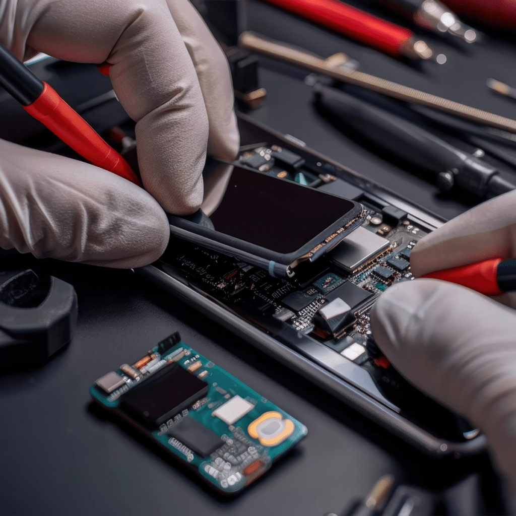 Old phone recycling and smartphone refurbishment technician