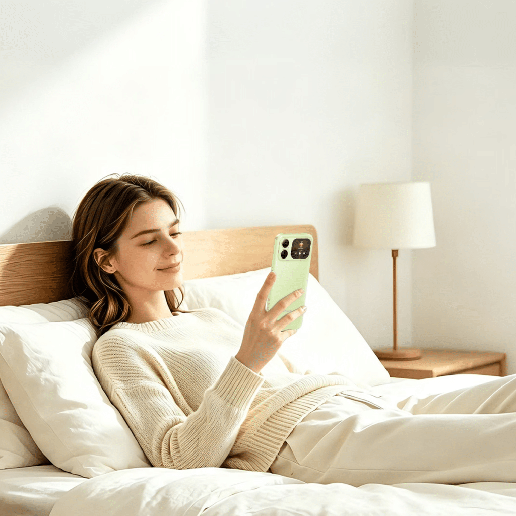 woman relaxing in bed holding a green HONOR Dual Screen Phone with its rear touchscreen visible.