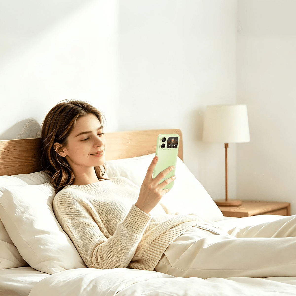 woman relaxing in bed holding a green HONOR Dual Screen Phone with its rear touchscreen visible.