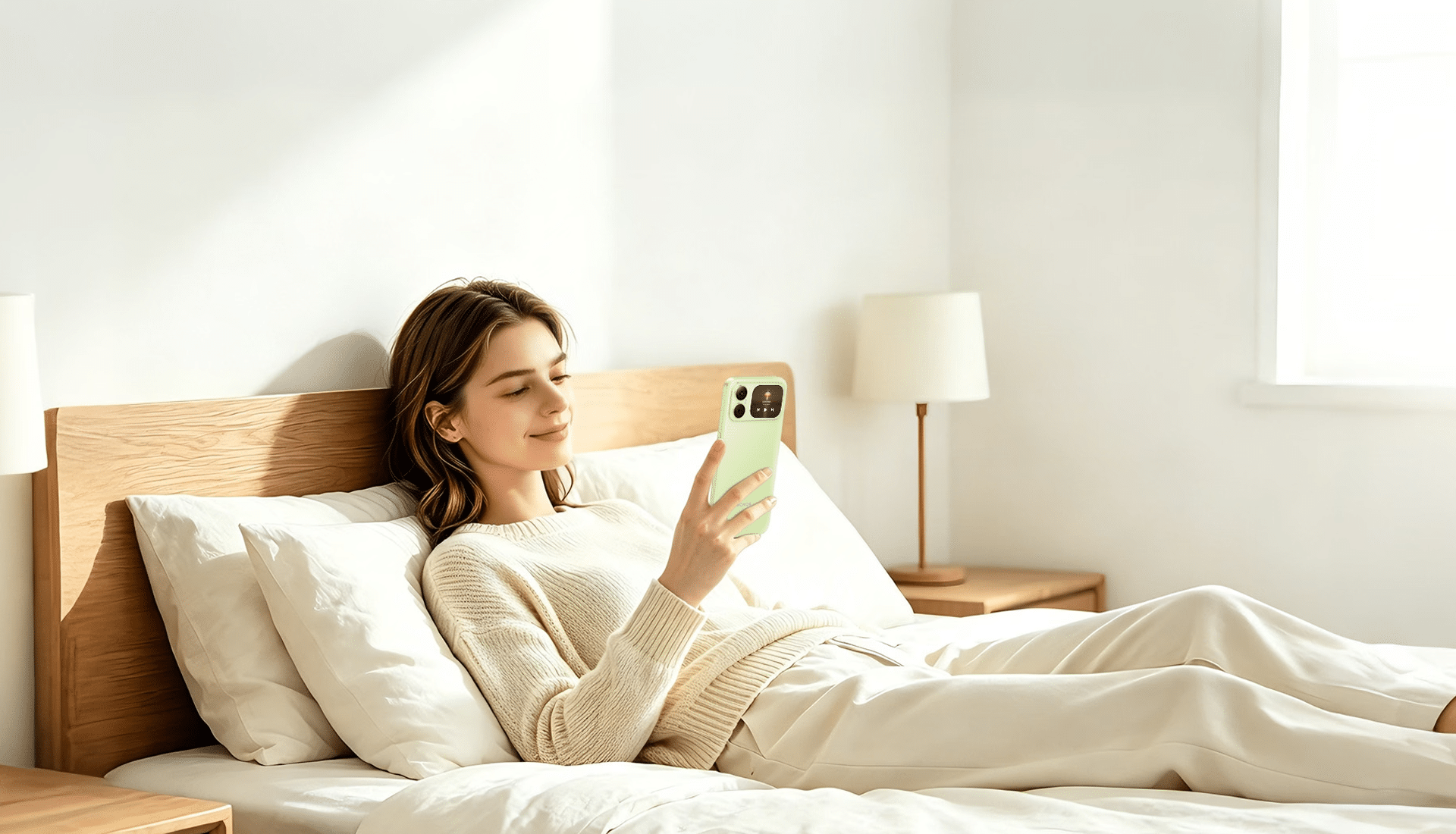 woman relaxing in bed holding a green HONOR Dual Screen Phone with its rear touchscreen visible.