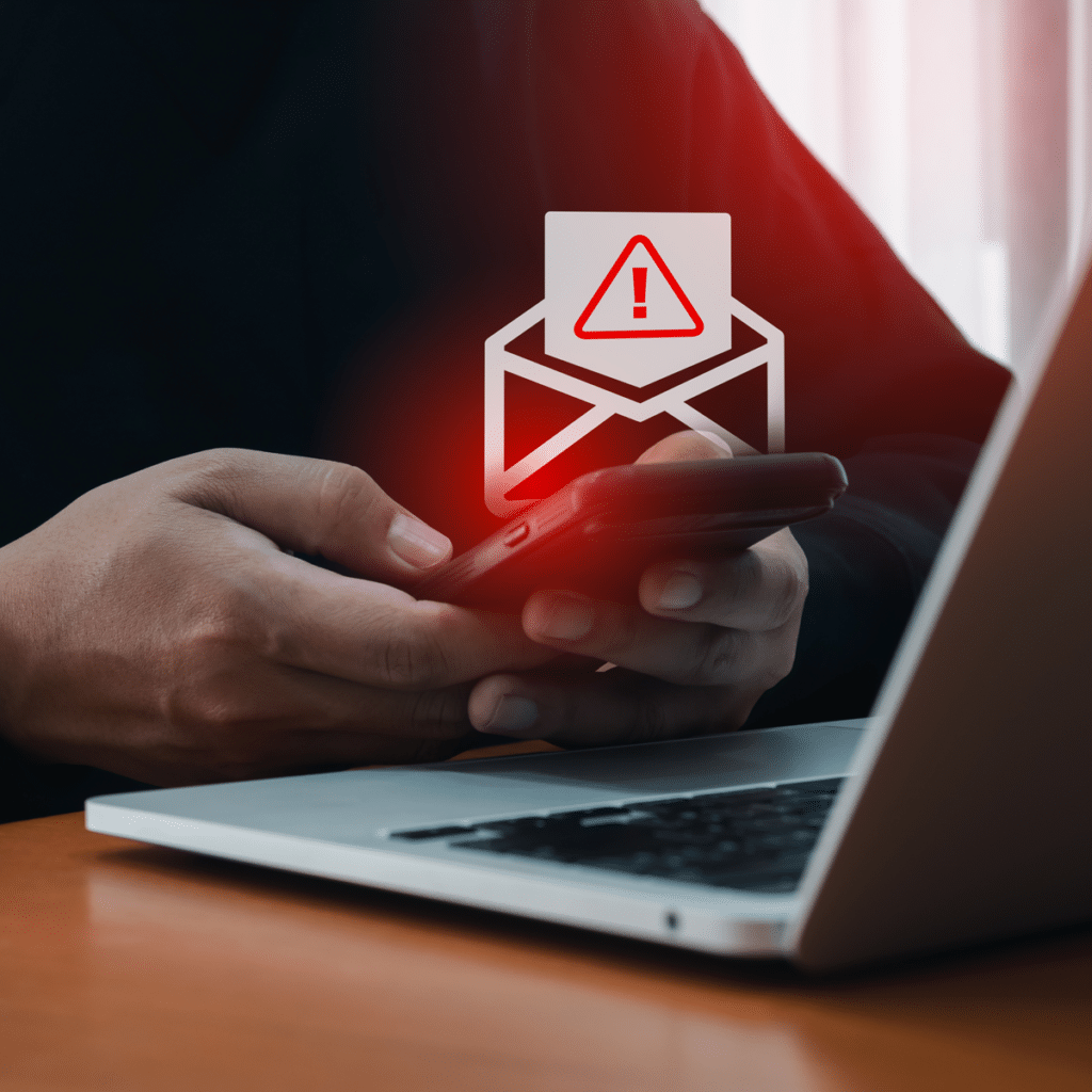 Smartphone scam protection illustrated by a person holding a phone beside a laptop with a suspicious message warning icon.